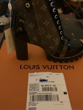 Louis Vuitton Brown Monogram Patent-Trim Lace-Up Heeled Boot